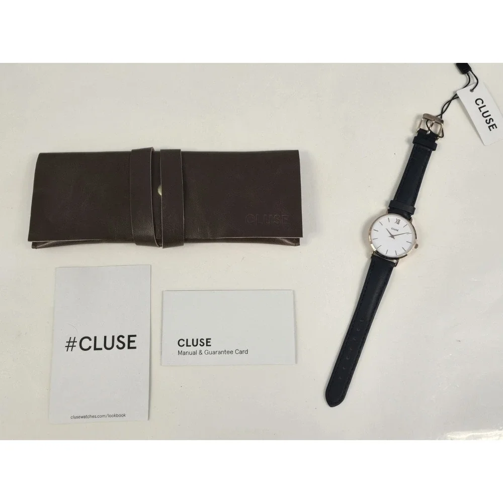 Cluse Women's Minuit White‎ Dial Black Leather Rose Gold Case Watch CL30003 NWT